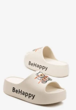 Beżowe Klapki na Platformie z Pianki z Nadrukiem Misia Nelorea