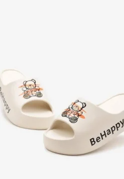 Beżowe Klapki na Platformie z Pianki z Nadrukiem Misia Nelorea