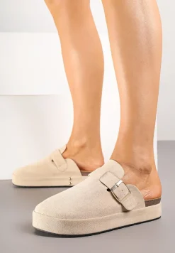 Beżowe Klapki na Platformie Chodaki Ozdobione Klamrą Lilenna