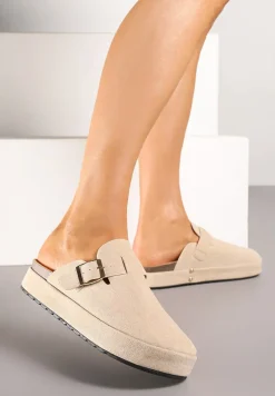 Beżowe Klapki na Platformie Chodaki Ozdobione Klamrą Lilenna