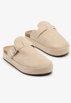 Beżowe Klapki na Platformie Chodaki Ozdobione Klamrą Lilenna