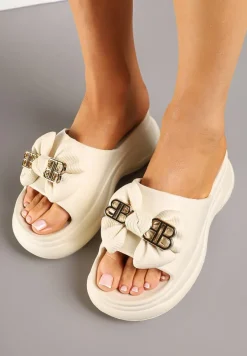 Beżowe Klapki na Platformie z Kokardką i Metalicznymi Aplikacjami Telanis