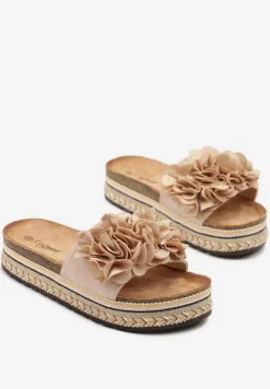 Beżowe Klapki na Platformie z Plecionką i Kwiatową Aplikacją 3D Redurise