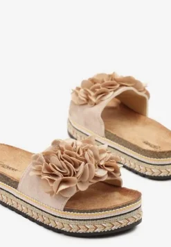 Beżowe Klapki na Platformie z Plecionką i Kwiatową Aplikacją 3D Redurise