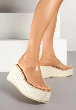 Beżowe Klapki na Plecionym Koturnie z Przezroczystą Cholewką Deolirith