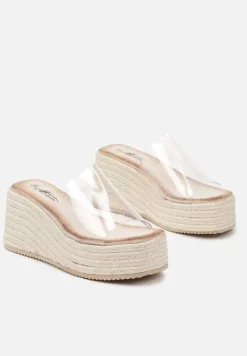 Beżowe Klapki na Plecionym Koturnie z Przezroczystą Cholewką Deolirith