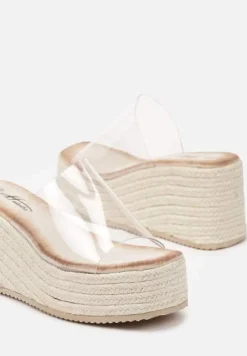 Beżowe Klapki na Plecionym Koturnie z Przezroczystą Cholewką Deolirith