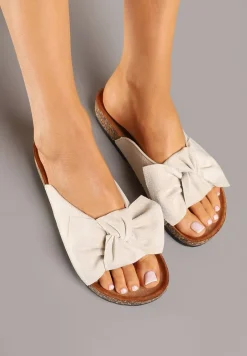 Beżowe Klapki na Podeszwie z Imitacji Korka Zdobione Kokardą Zenella