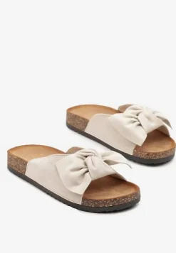 Beżowe Klapki na Podeszwie z Imitacji Korka Zdobione Kokardą Zenella