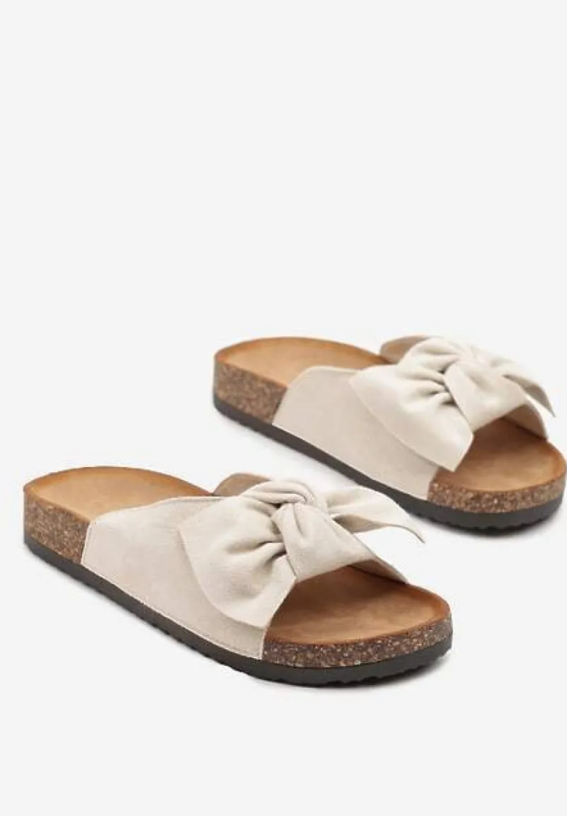 Beżowe Klapki na Podeszwie z Imitacji Korka Zdobione Kokardą Zenella