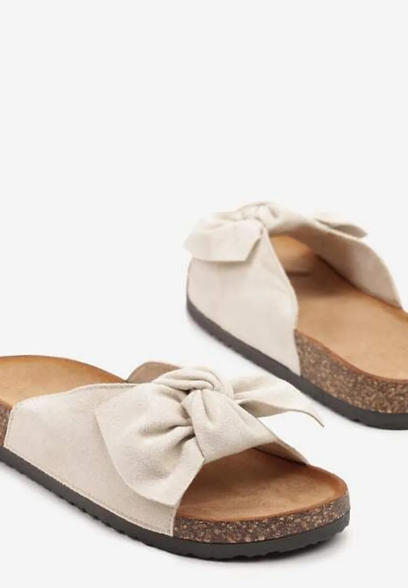 Beżowe Klapki na Podeszwie z Imitacji Korka Zdobione Kokardą Zenella