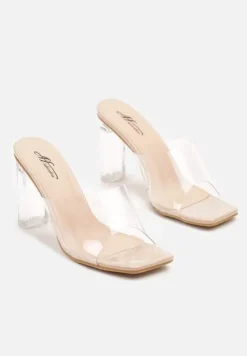 Beżowe Klapki na Przezroczystym Słupku Ozdobione Kwadratowym Noskiem Santhera