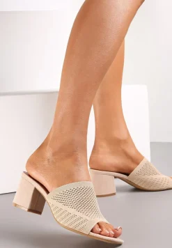 Beżowe Klapki na Słupkowym Obcasie z Przezroczystym Paskiem Makensley