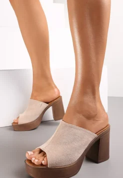 Beżowe Klapki na Słupku i Platformie z Szerokim Paskiem Ganora