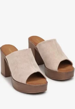 Beżowe Klapki na Słupku i Platformie z Szerokim Paskiem Ganora
