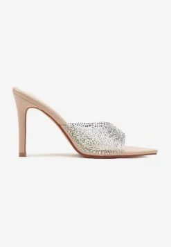 Beżowe Klapki na Szpilce Ozdobione Przezroczystą Cholewką i Cyrkoniami Lorfitia
