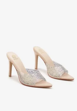 Beżowe Klapki na Szpilce Ozdobione Przezroczystą Cholewką i Cyrkoniami Lorfitia