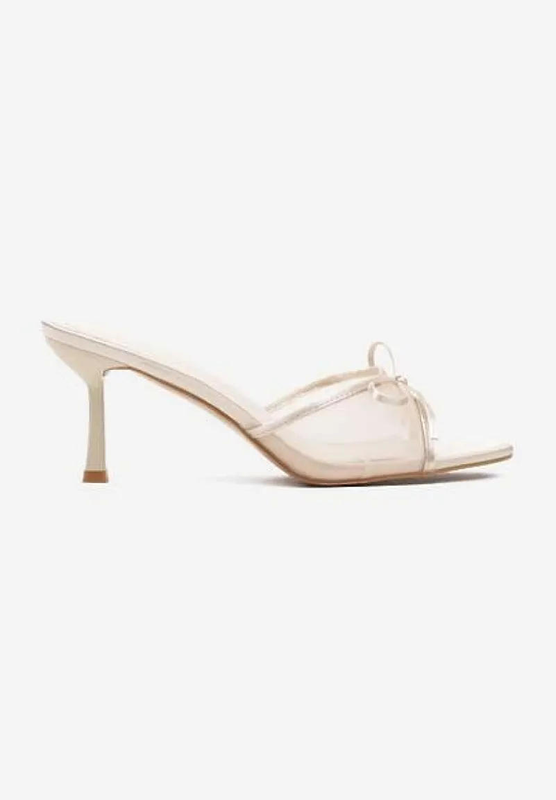 Beżowe Klapki na Szpilce z Kokardą i Transparentną Cholewką Varfitis