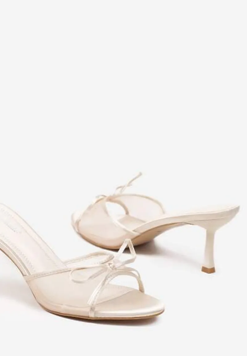 Beżowe Klapki na Szpilce z Kokardą i Transparentną Cholewką Varfitis