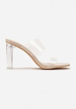 Beżowe Klapki na Transparentnym Obcasie z Silikonowym Paskiem Aserena