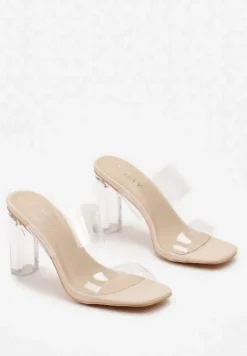 Beżowe Klapki na Transparentnym Obcasie z Silikonowym Paskiem Aserena