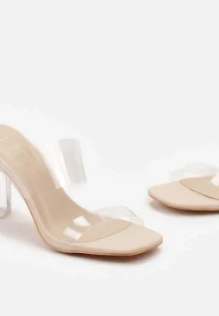 Beżowe Klapki na Transparentnym Obcasie z Silikonowym Paskiem Aserena