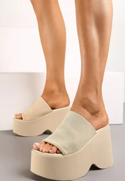 Beżowe Klapki na Wysokiej Platformie z Koturnem Glimris