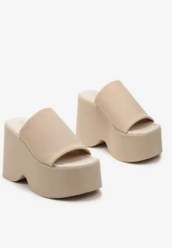 Beżowe Klapki na Wysokiej Platformie z Koturnem Glimris