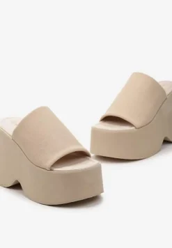 Beżowe Klapki na Wysokiej Platformie z Koturnem Glimris