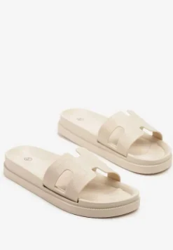 Beżowe Klapki Ozdobione Wycięciami Kinelina