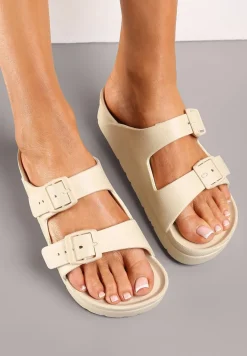 Beżowe Klapki Piankowe na Platformie z Klamrami Achiotte