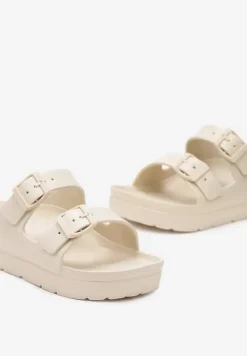 Beżowe Klapki Piankowe na Platformie z Klamrami Achiotte