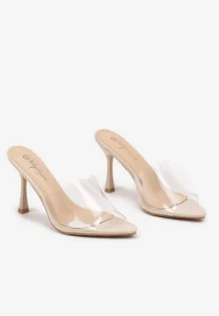 Beżowe Klapki Szpilki z Transparentnym Paskiem i Szpiczastym Noskiem Elealdea