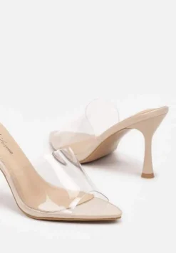 Beżowe Klapki Szpilki z Transparentnym Paskiem i Szpiczastym Noskiem Elealdea