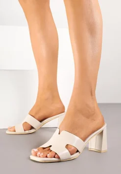 Beżowe Klapki Vices na Słupkowym Obcasie z Wkładką ze Skóry Naturalnej Foleria