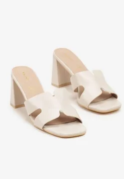 Beżowe Klapki Vices na Słupkowym Obcasie z Wkładką ze Skóry Naturalnej Foleria