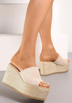 Beżowe Klapki w Stylu Boho na Platformie i Koturnie z Paskiem z Imitacji Zamszu Marinle