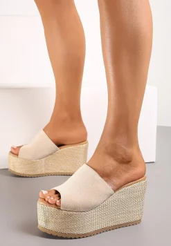 Beżowe Klapki w Stylu Boho na Platformie i Koturnie z Paskiem z Imitacji Zamszu Marinle