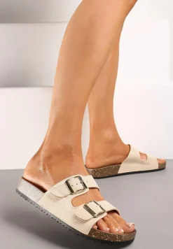 Beżowe Klapki z Ekozamszu z Profilowaną Wkładką z Paskami i Klamrami Lettiea