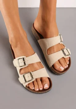 Beżowe Klapki z Ekozamszu z Profilowaną Wkładką z Paskami i Klamrami Lettiea