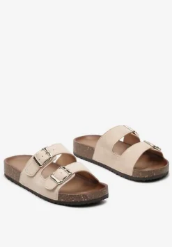 Beżowe Klapki z Ekozamszu z Profilowaną Wkładką z Paskami i Klamrami Lettiea