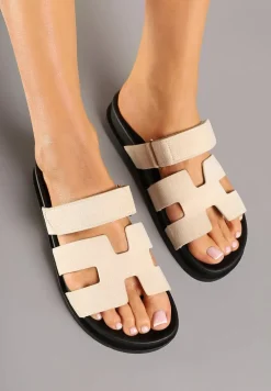 Beżowe Klapki z Ekozamszu na Piankowej Podeszwie Zapinane na Rzep Nimiarianna