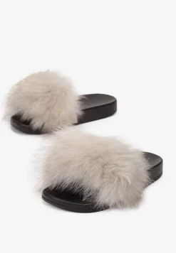 Beżowe Klapki z Futrem Turtlefeather