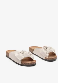 Beżowe Klapki z Imitacji Zamszu z Kokardką i Podeszwą z Korkową Wstawką Riopella