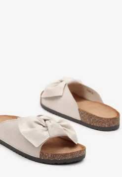 Beżowe Klapki z Imitacji Zamszu z Kokardką i Podeszwą z Korkową Wstawką Riopella