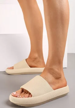 Beżowe Klapki z Lekkiej Pianki z Szerokim Paskiem Aekmet