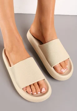 Beżowe Klapki z Lekkiej Pianki z Szerokim Paskiem Aekmet