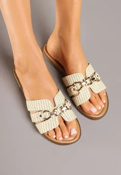 Beżowe Klapki z Ozdobnym Łańcuszkiem i Wycięciami Sepielle