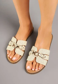 Beżowe Klapki z Ozdobnym Łańcuszkiem i Wycięciami Sepielle