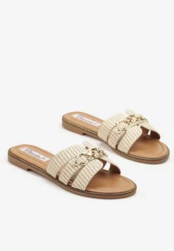 Beżowe Klapki z Ozdobnym Łańcuszkiem i Wycięciami Sepielle